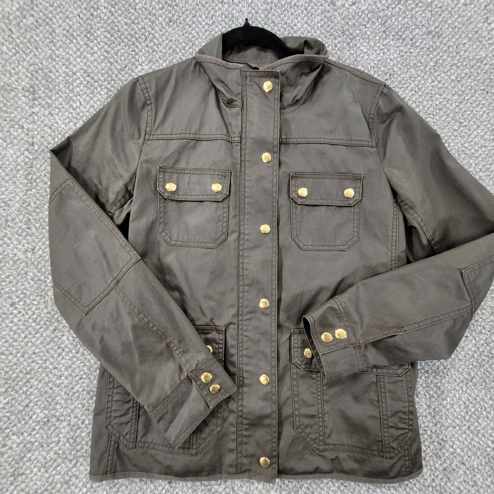 J.Crew Field Jacket Small Olive Green Utility Military‎ Snap Front Gold Hardware